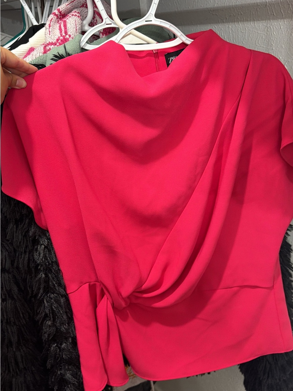 Zara Hot Pink Draped Short Sleeve Blouse